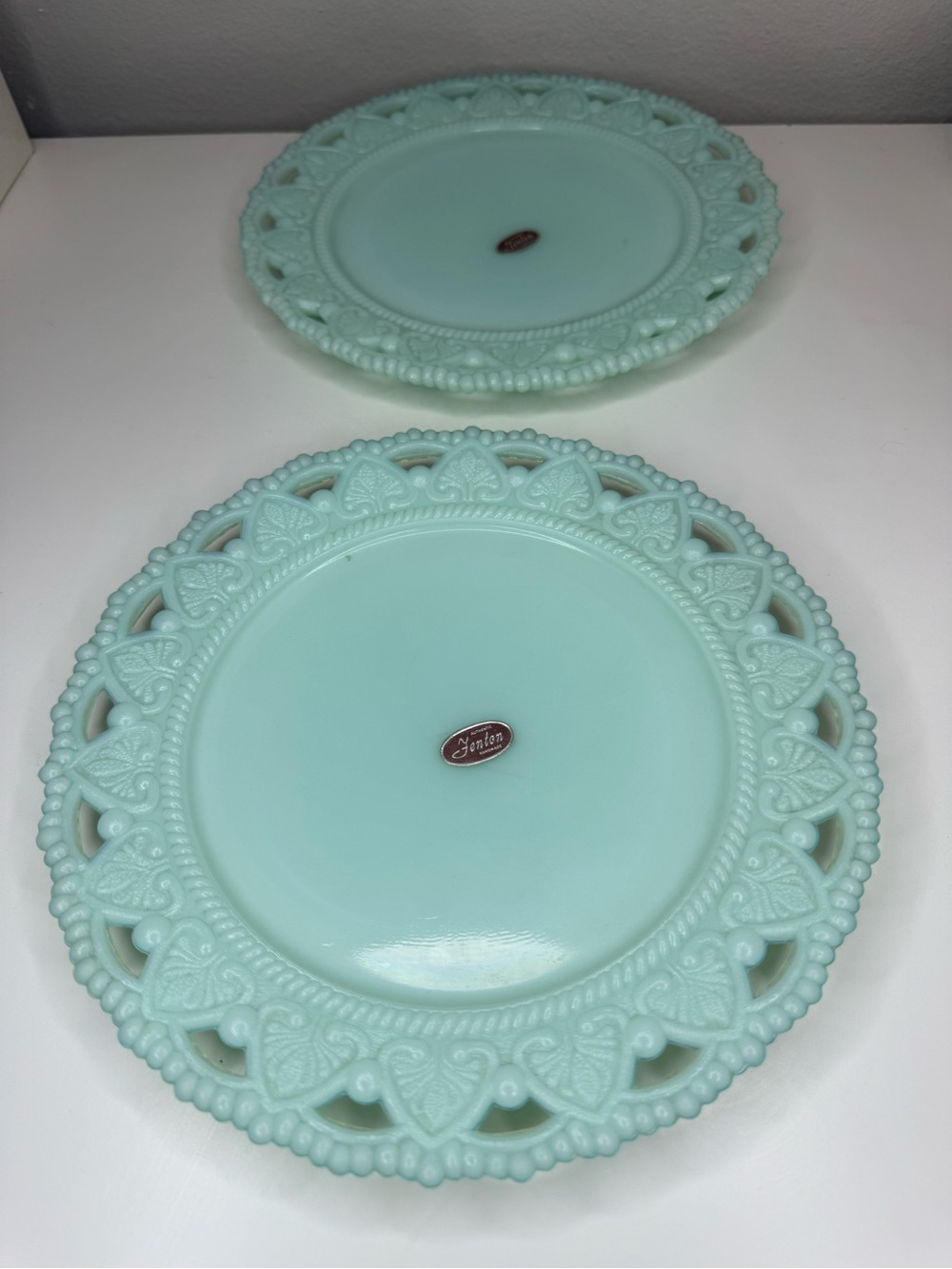 Vintage Fenton Jadeite Blue Green Milk Glass Plates Open Lace Heart Set of 2